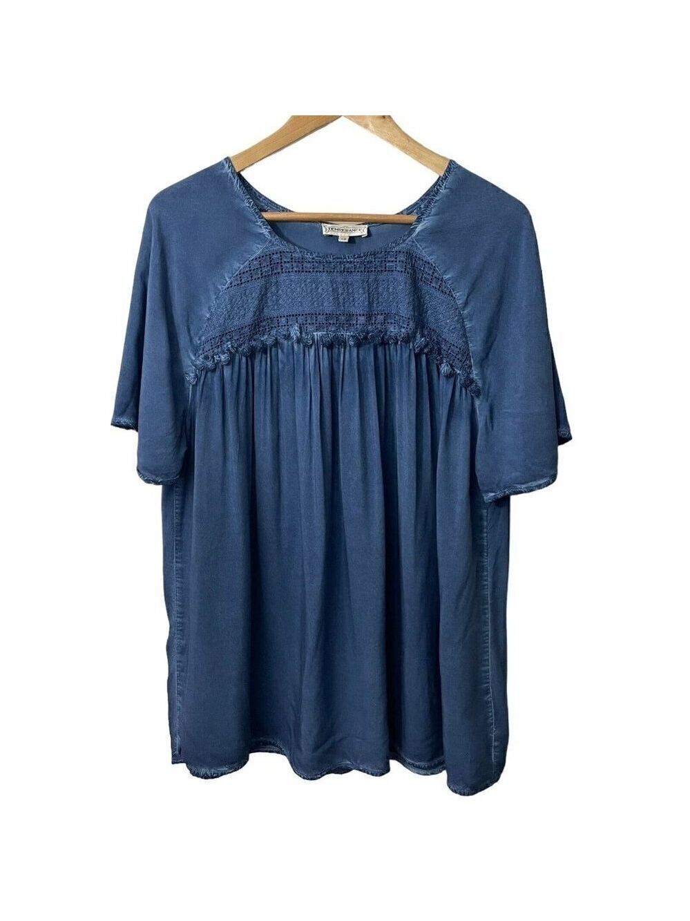 Temperance Boho T-Shirt Top Womens L Blue Crochet Blouse Tassel Lace Fringe EUC